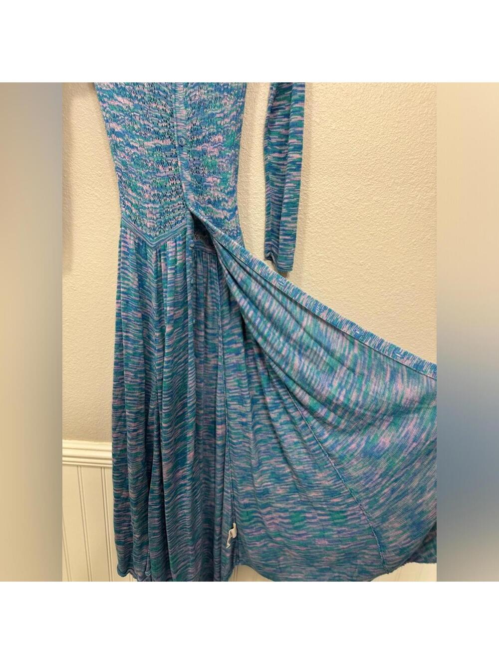 Free People Blue Green Space Dyed Henley Midi Long Sweater Cardigan- Size XS - Picture 5 of 7